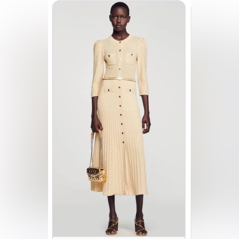 Sandro Pointelle Gold knitted button front long sleeved maxi dress size 36